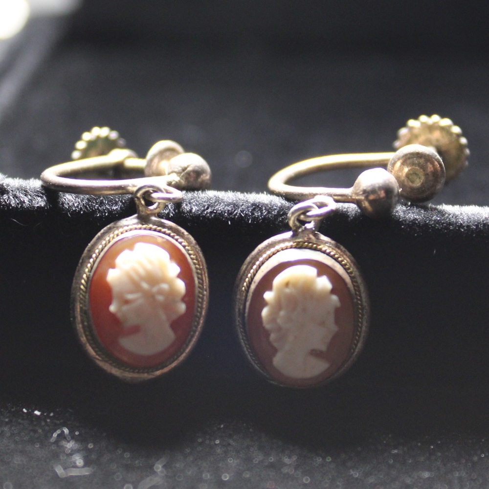 Vintage Sterling silver cameo French screw back earrings